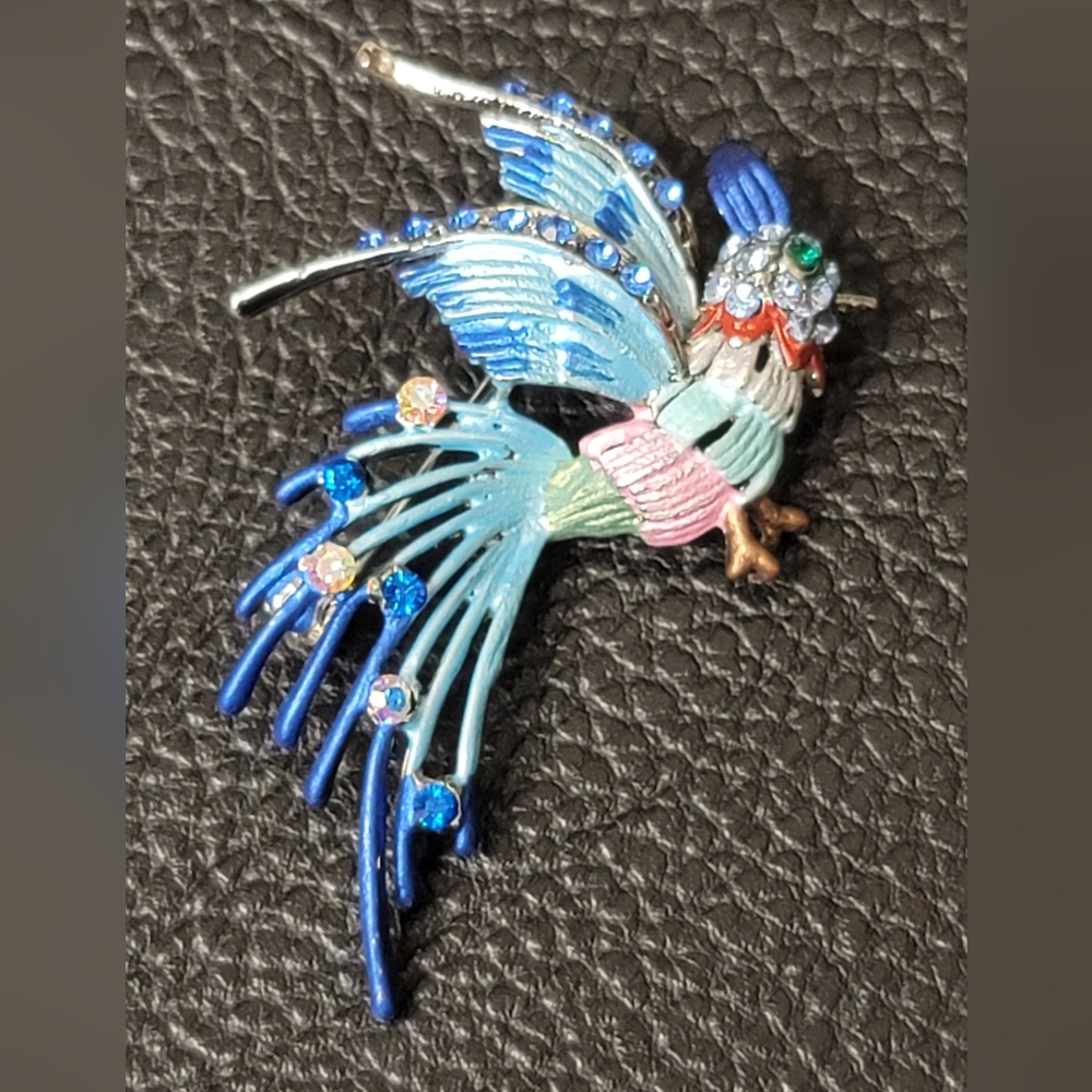 Vintage Enamel Blue Bird Brooch with Green, Blue & AB Rhinestones - Estate
